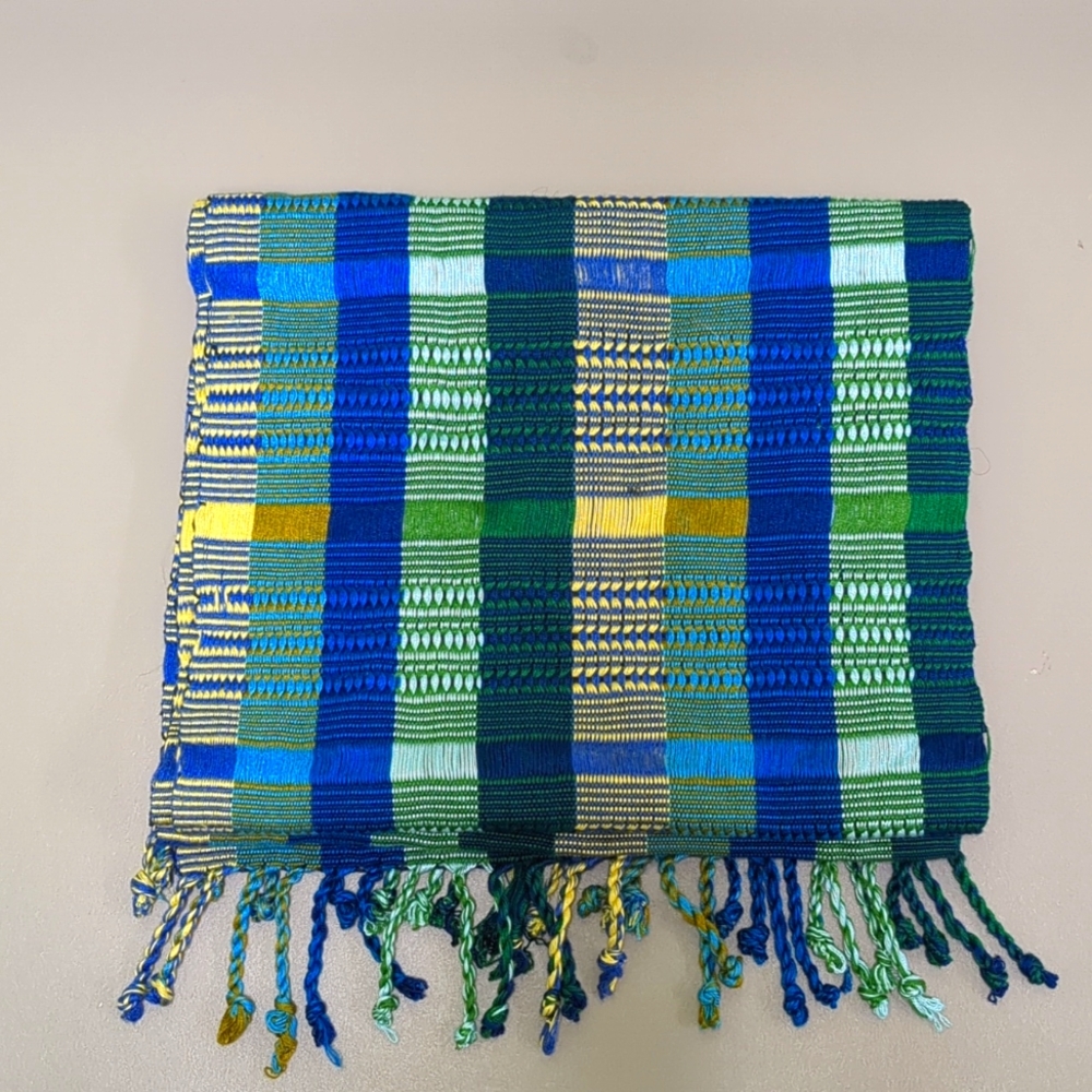 Novica woven cotton scarf, blue/green/yellow